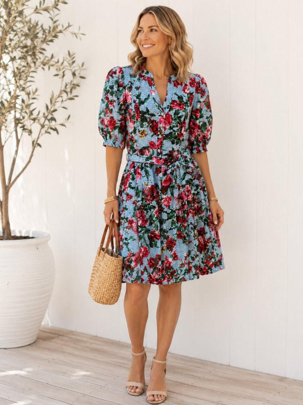 Floral Eyelet Mini Dress Puff Sleeve Embroidered Blue Gibson Latimer Medium NWT